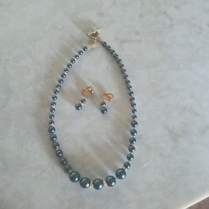 Navy blue pearl necklace and earring.